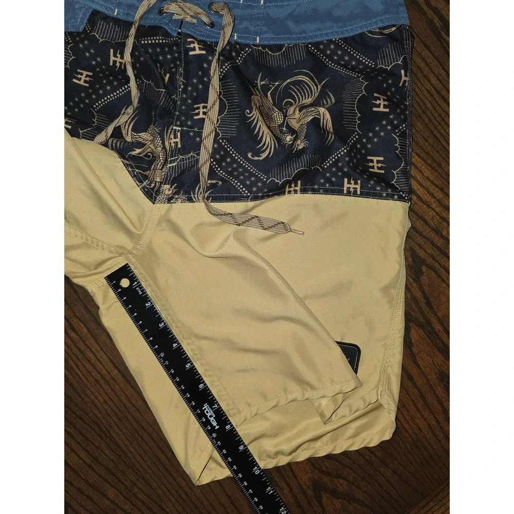 Howler Bros Men Rooster Print Board Shorts Size 33 Tan Blue swim trunks shorts